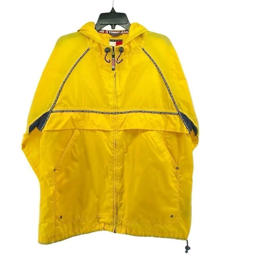 Vintage Tommy Hilfiger Men’s Yellow Full Zip Hooded Windbreaker Jacket Large 90s